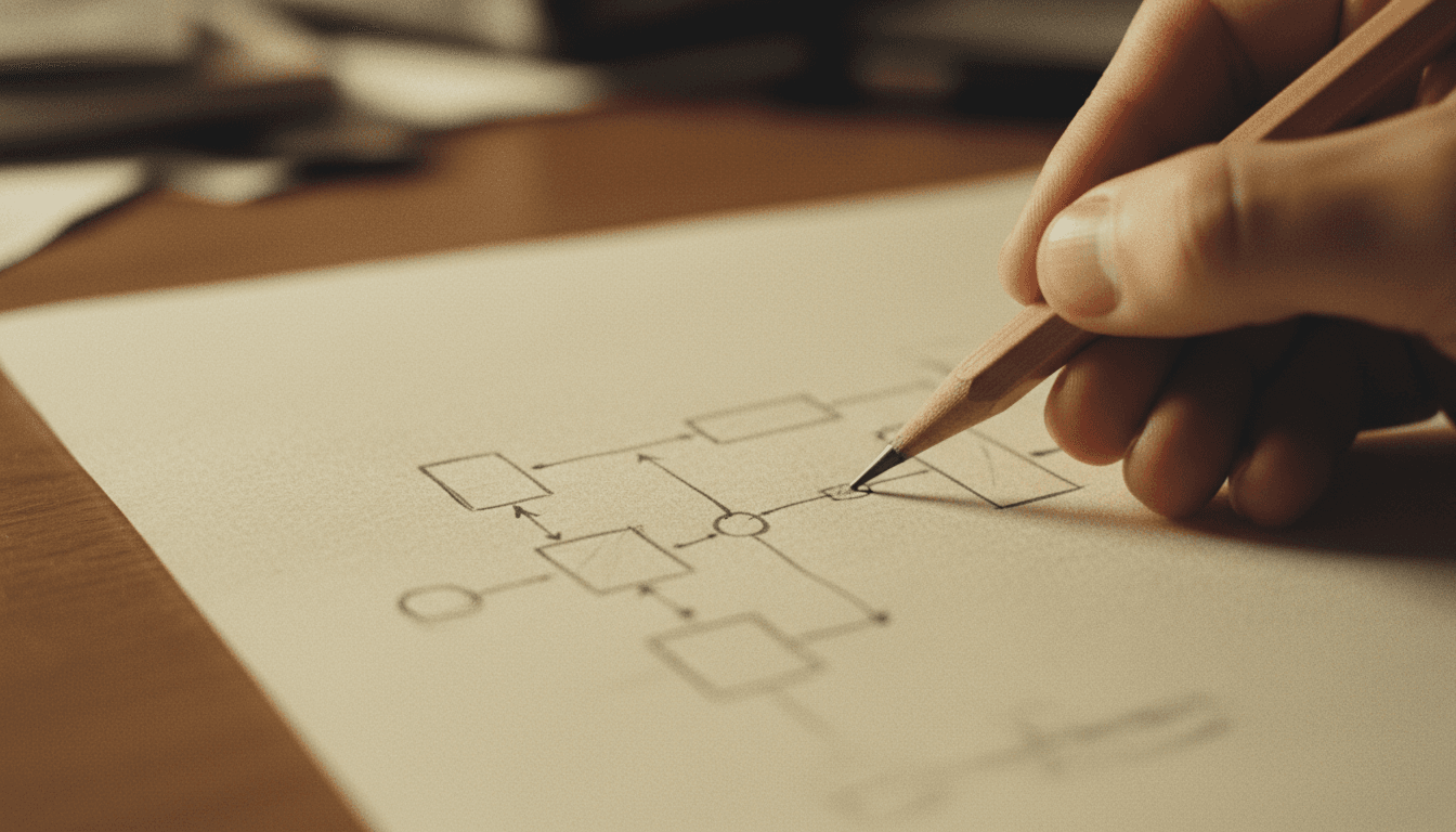 Hand sketching an analytical process diagram on paper
