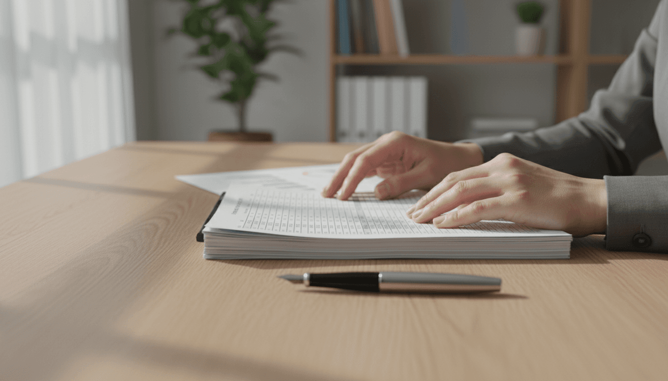 Consultant reviewing printed spreadsheets and data on a wooden desk with natural light